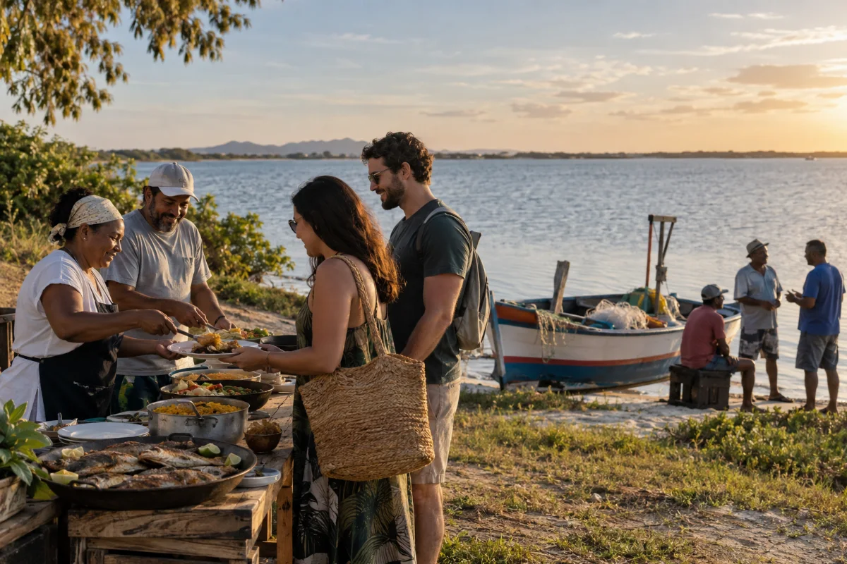 Ilustração por IA: Ilustração fotorealista em formato horizontal 3:2, com pessoas compartilhando uma refeição com peixes à margem de uma lagoa, barco artesanal e redes sob luz natural de fim de tarde. A cena imaginada representa temas do festival, sem reproduzir um local exato ou uma edição real, e não contém textos ou marcas.