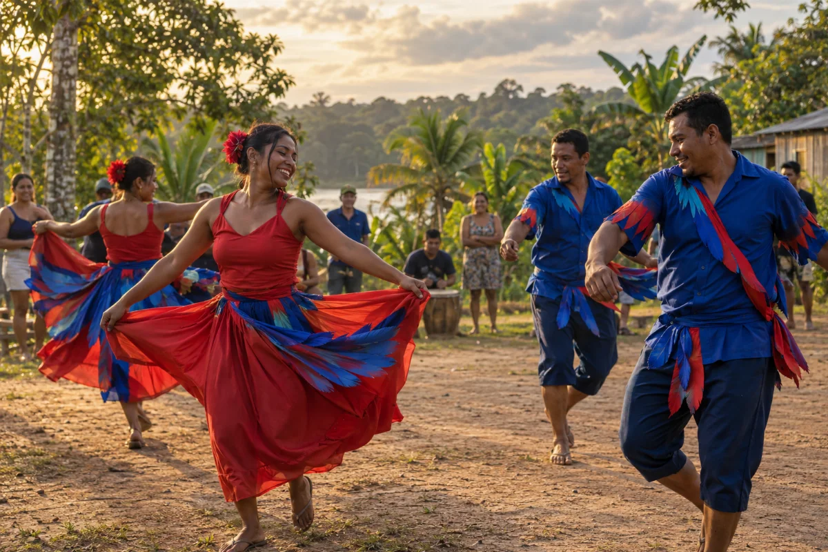 Ilustração por IA: Ilustração fotorrealista horizontal em formato 3:2, com adultos dançando em roupas azuis e vermelhas, cercados por vegetação tropical e espectadores sob luz natural. A cena imaginada evoca uma celebração rural amazônica, sem reproduzir um local específico ou uma edição real do festival.