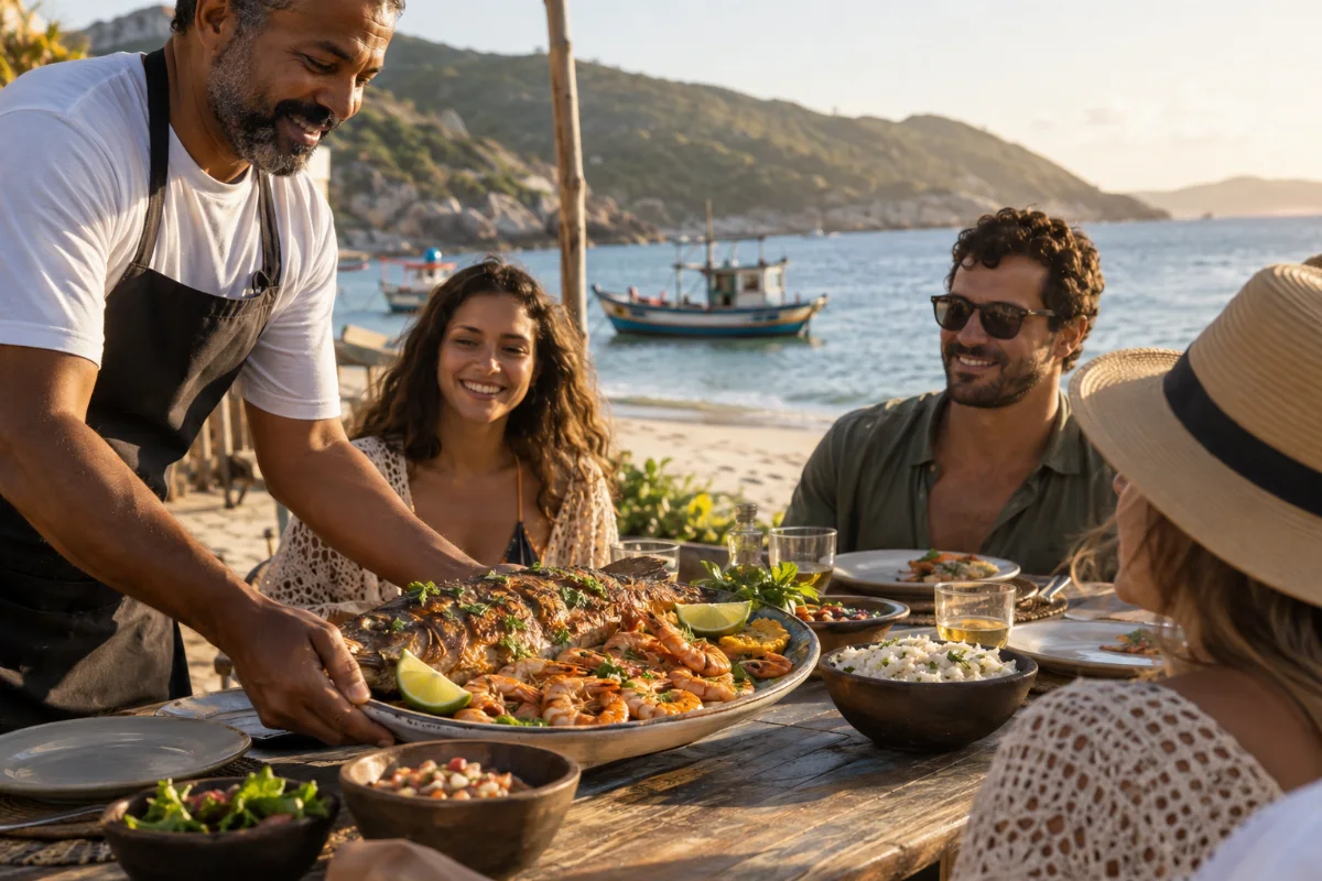 Ilustração por IA: Ilustração fotorealista horizontal em formato 3:2, com um cozinheiro servindo peixe e camarões em uma mesa compartilhada à beira-mar. Barcos de pesca e morros costeiros compõem o fundo sob luz natural, em uma cena imaginada, sem representar uma edição específica do festival.