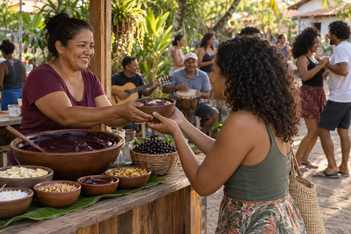 Ilustração por IA: Ilustração fotorrealista em formato paisagem 3:2, com uma mulher servindo açaí em uma banca, músicos e pessoas dançando ao fundo, sob luz natural. A cena foi gerada por IA e não retrata uma edição ou um local exato do festival.