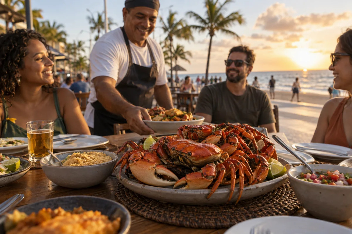 Ilustração por IA: Ilustração fotorealista em formato horizontal 3:2, com caranguejos e acompanhamentos sobre uma mesa, um cozinheiro servindo visitantes e uma paisagem costeira com coqueiros sob luz natural. Cena imaginada inspirada na orla de Aracaju, sem representar uma edição ou estabelecimento específico, sem textos ou marcas.