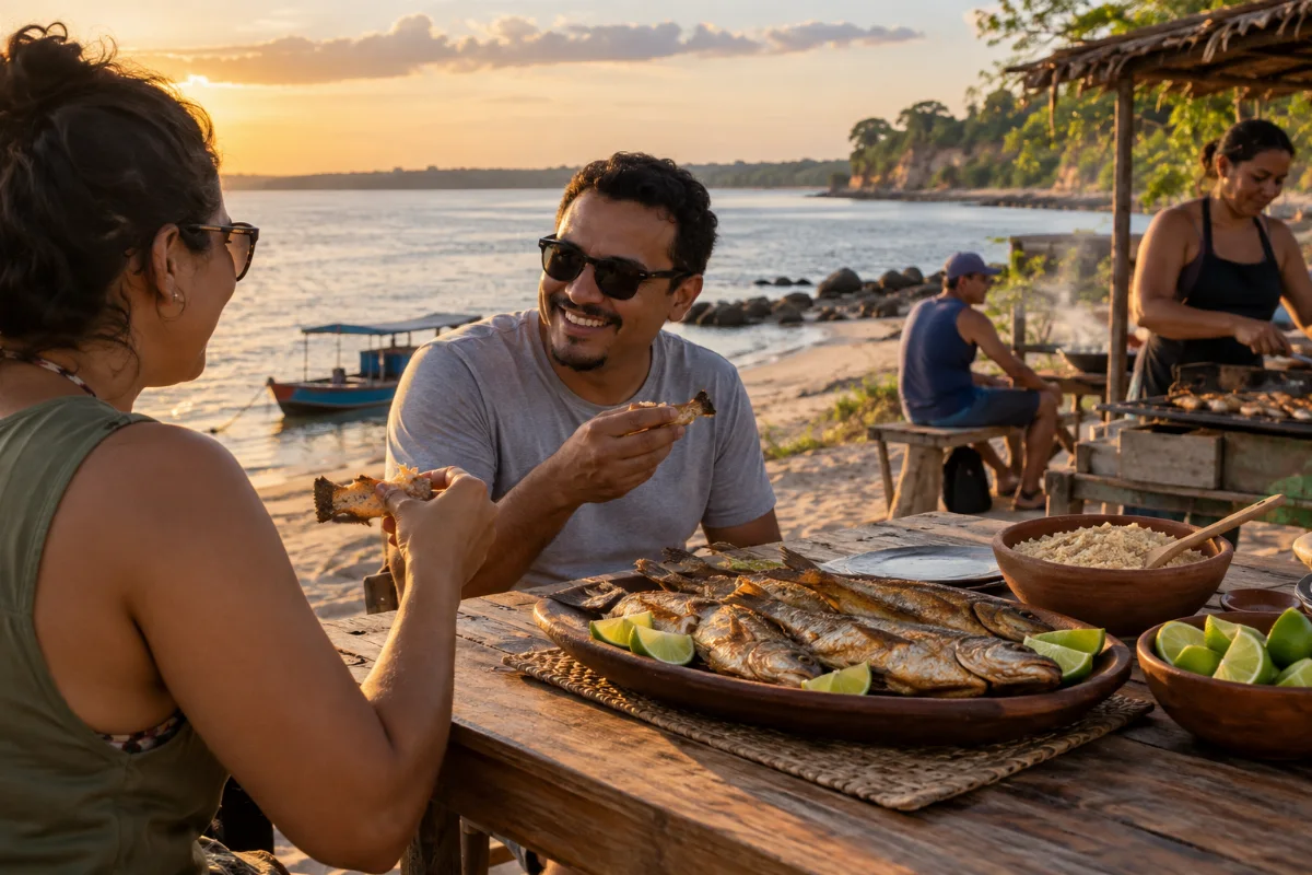 Ilustração por IA: Ilustração fotorealista horizontal em formato 3:2, com pessoas compartilhando peixes preparados à beira de um rio, sob luz natural de fim de tarde. A cena imaginada evoca a gastronomia e a convivência ribeirinha, sem reproduzir um local exato ou uma edição real do festival; não contém textos nem marcas.
