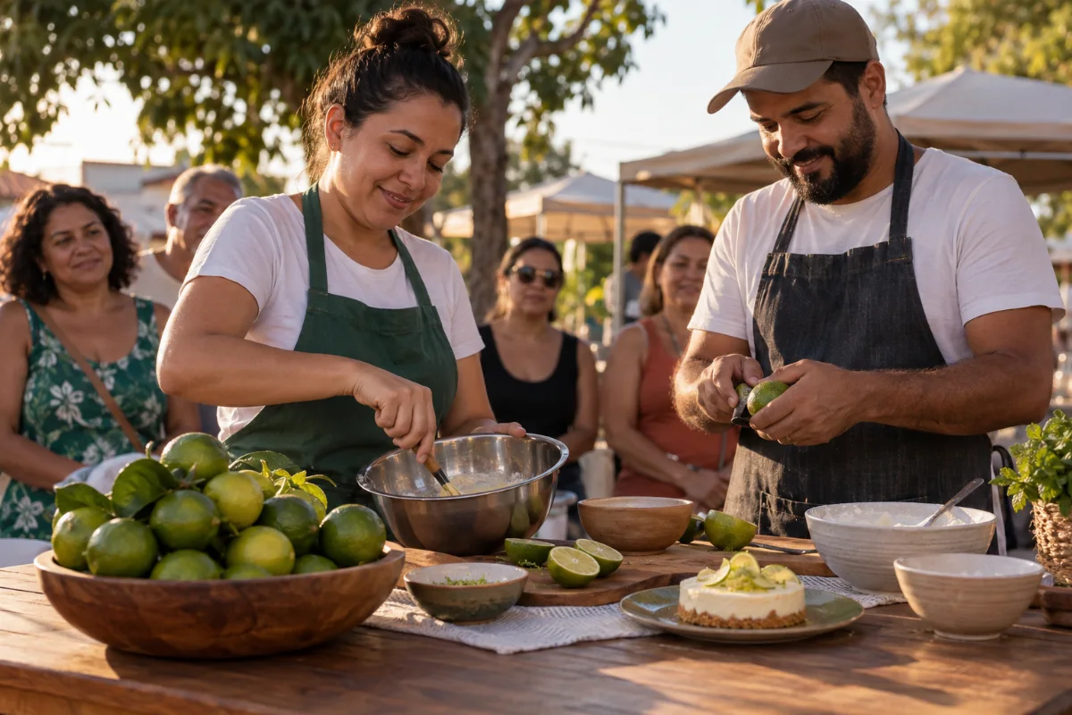 Ilustração por IA: Ilustração fotorealista em formato paisagem 3:2 de uma oficina culinária ao ar livre, com adultos preparando uma receita, limões Taiti e uma sobremesa sobre a mesa. A luz natural e as tendas ao fundo compõem uma cena imaginada, sem representar um local específico ou uma edição real do festival.
