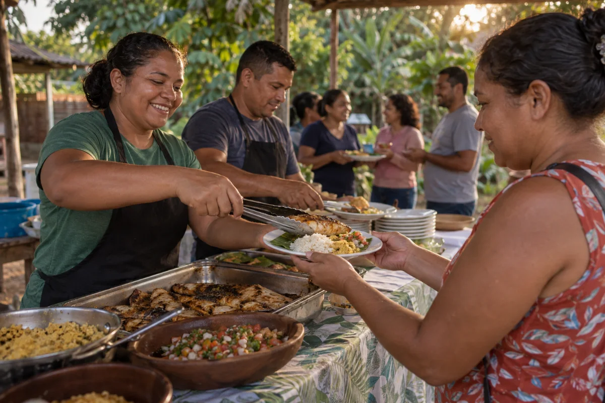 Ilustração por IA: Ilustração fotorealista em formato horizontal 3:2 mostra uma cena de venda comunitária de comidas, com pessoas servindo peixe e acompanhamentos sob luz natural, cercadas por vegetação. A imagem foi gerada por IA e não representa um registro de uma edição real do festival.