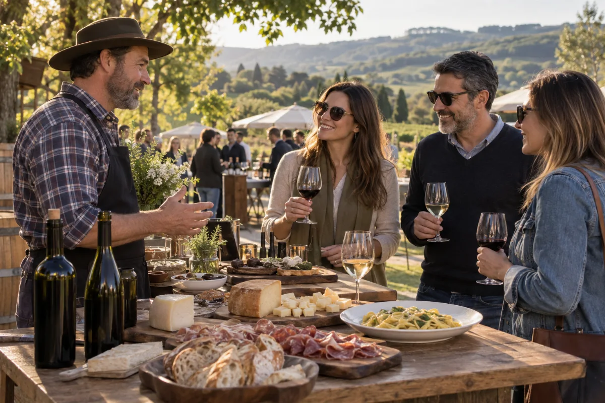 Ilustração por IA: Ilustração fotorealista horizontal em formato 3:2, com adultos degustando vinhos ao redor de uma mesa com queijos, embutidos, pães e massas. A luz natural ilumina uma paisagem inspirada na Serra Gaúcha, sem representar o espaço real ou uma edição específica do festival.