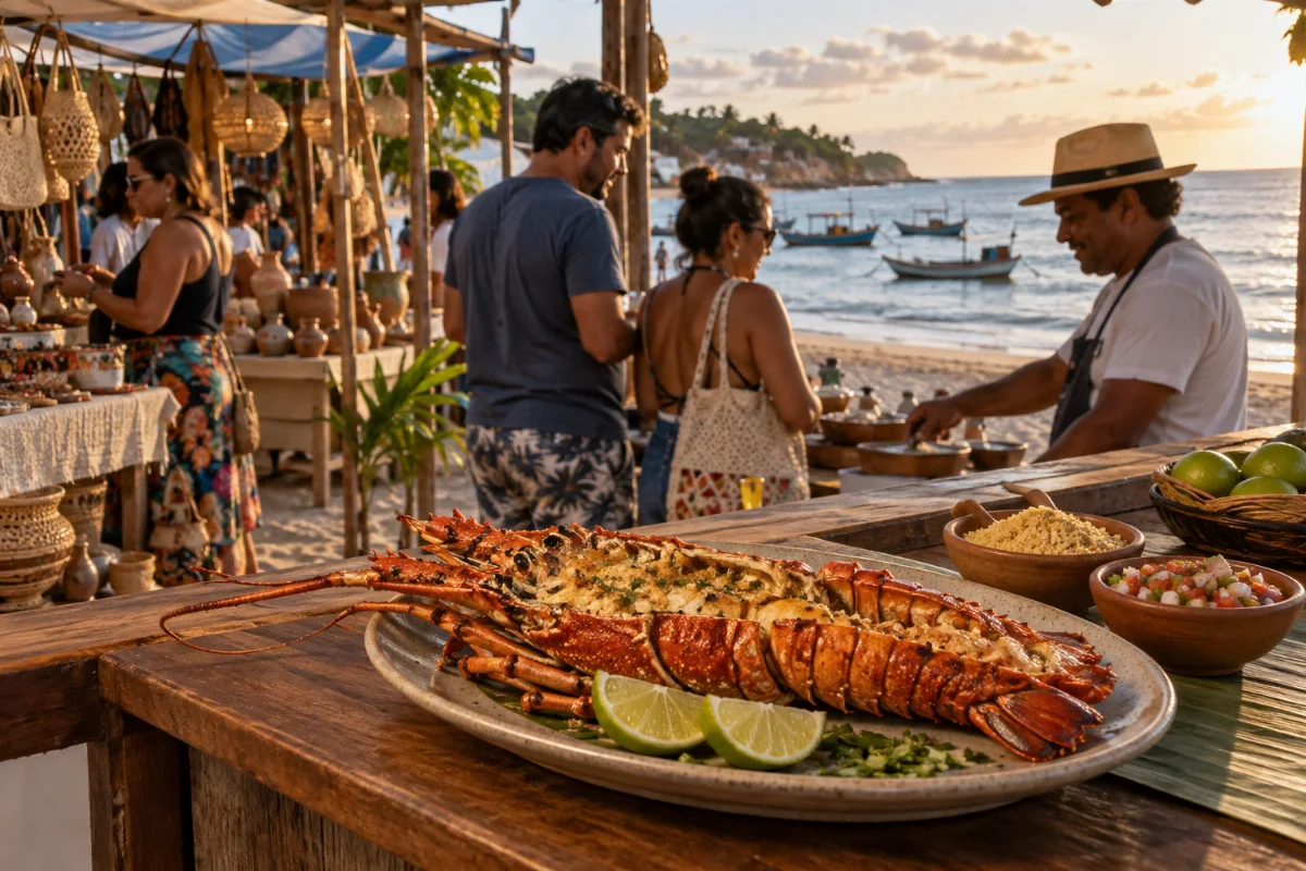 Ilustração por IA: Ilustração fotorealista em formato horizontal 3:2, com lagosta preparada em primeiro plano, visitantes e uma feira de artesanato à beira-mar sob luz natural. A cena foi criada por IA e é inspirada no festival, sem retratar um local ou uma edição específicos.