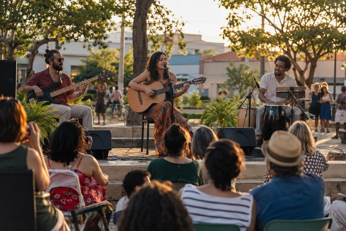 Ilustração por IA: Ilustração fotorealista horizontal em formato 3:2, com músicos tocando violão, baixo e percussão diante de um público em uma praça arborizada, sob luz natural. A cena é imaginada e inspirada no festival, sem representar o local exato ou uma edição real.