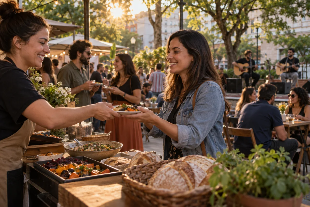 Ilustração por IA: Ilustração fotorealista em formato horizontal 3:2, com alimentos em primeiro plano, pessoas convivendo em uma praça arborizada e músicos ao fundo, sob luz natural. Cena imaginada e gerada por IA, sem reproduzir o local exato ou uma edição real do festival, sem textos ou marcas.