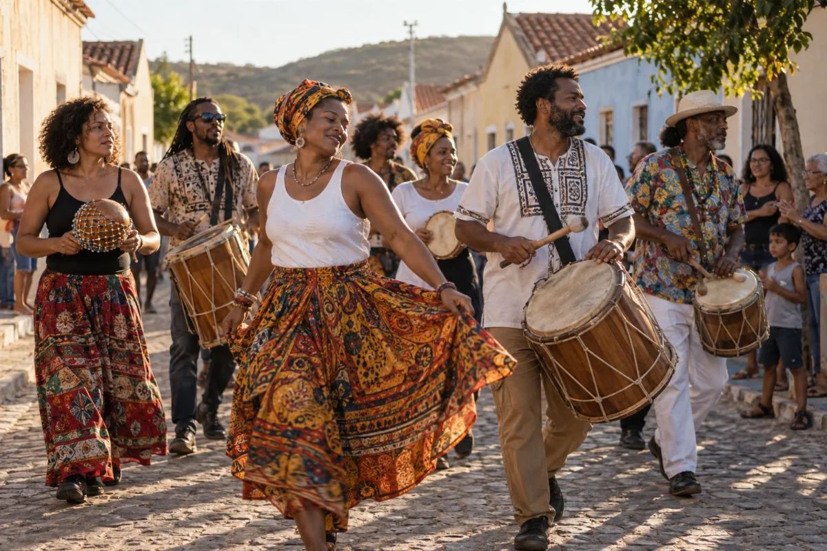 Ilustração por IA: Ilustração fotorealista horizontal em formato 3:2, com percussionistas e dançarinos em um cortejo comunitário numa rua de casario baixo, sob luz natural de fim de tarde. A cena imaginada inspira-se no festival e no Seridó, sem retratar uma edição ou um local específico, e não contém textos ou logotipos.