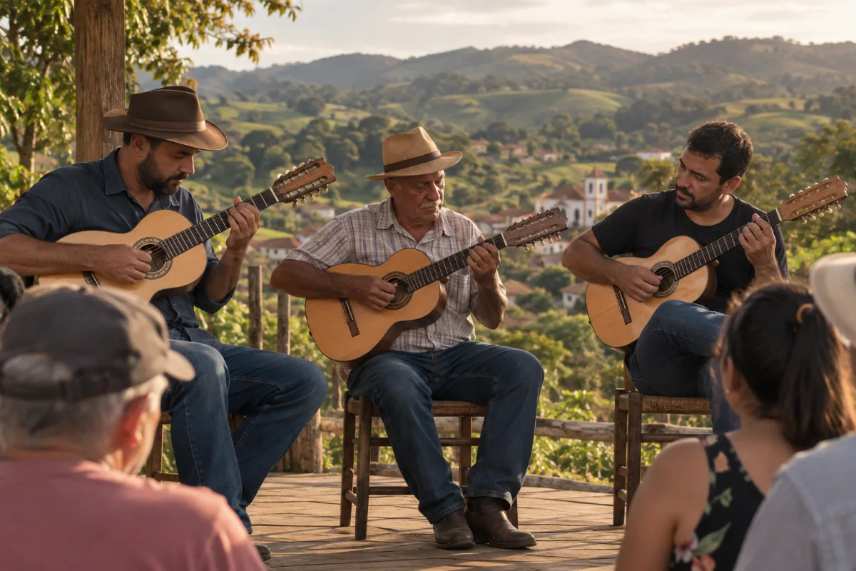 Ilustração por IA: Ilustração fotorealista horizontal em formato 3:2, com três músicos tocando violas diante de alguns ouvintes, sob luz natural quente. Morros verdes e construções ao fundo compõem uma cena imaginada inspirada em Munhoz, sem representar um local específico ou registrar uma edição real do festival.