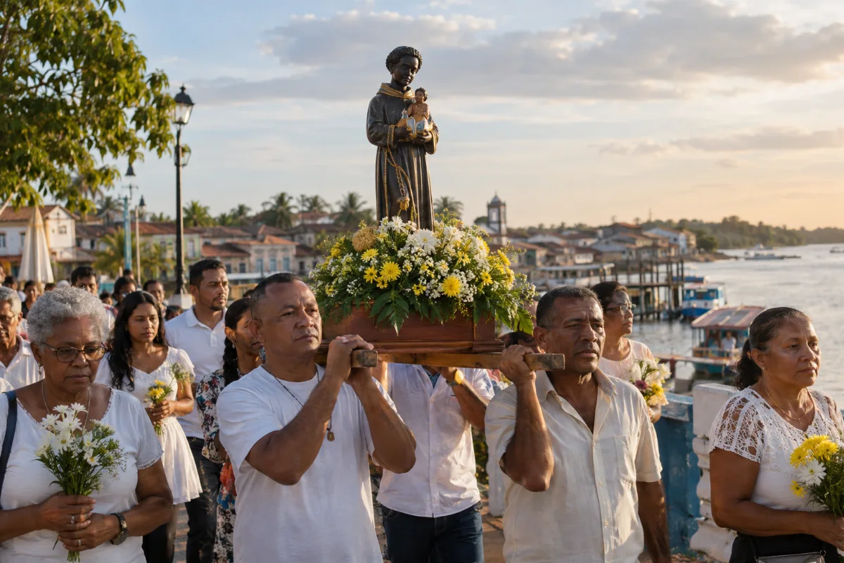 Ilustração por IA: Ilustração fotorealista horizontal em formato 3:2, gerada por IA, de uma procissão inspirada na festividade: participantes carregam uma imagem de São Benedito adornada com flores junto a uma paisagem ribeirinha, sob luz natural de fim de tarde. A cena é imaginada e não retrata uma edição ou um local exato do evento.