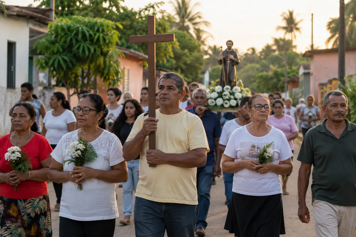 Ilustração por IA: Ilustração fotorrealista horizontal em formato 3:2, com uma procissão comunitária sob luz natural do fim da tarde. Participantes carregam uma cruz, flores e uma imagem religiosa entre casas e vegetação tropical, em uma cena imaginada, sem representar um local exato ou uma edição real.