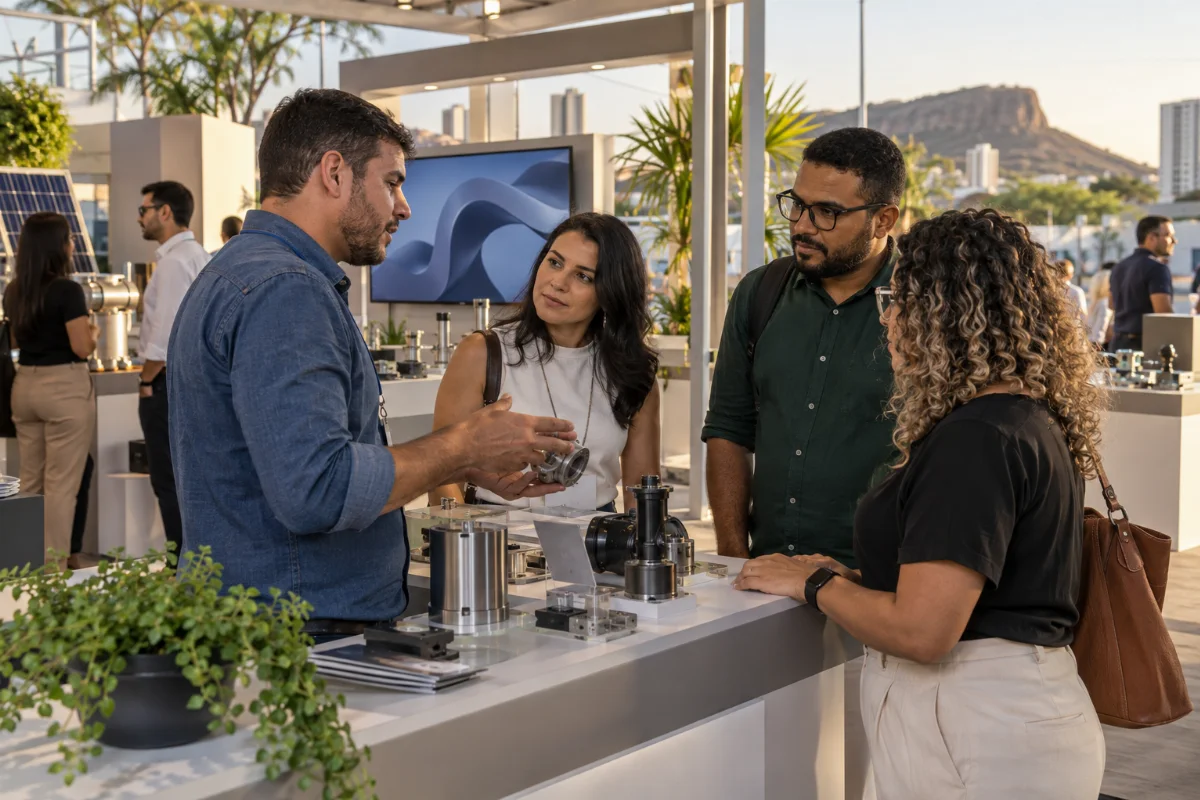 Ilustração por IA: Ilustração fotorrealista horizontal em formato 3:2, com adultos conversando junto a componentes industriais em um espaço expositivo iluminado por luz natural. A cena é conceitual, gerada por IA, sem representar o local ou uma edição real da FICRO.