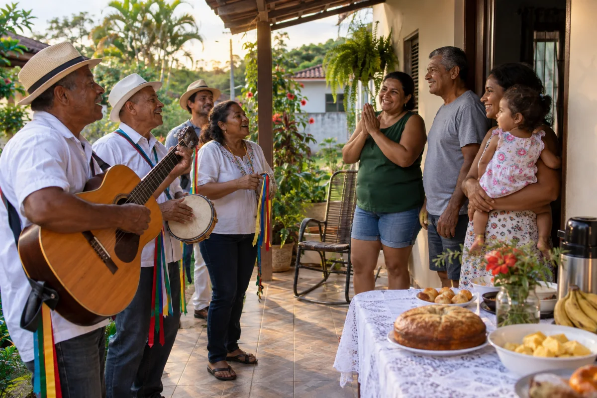 Ilustração por IA: Ilustração fotorealista horizontal em formato 3:2, com foliões tocando instrumentos e sendo acolhidos por uma família em uma varanda, junto a uma mesa com alimentos. A luz natural e a vegetação tropical compõem uma cena imaginada, inspirada nas visitas domiciliares da celebração, sem retratar uma edição ou local específico.