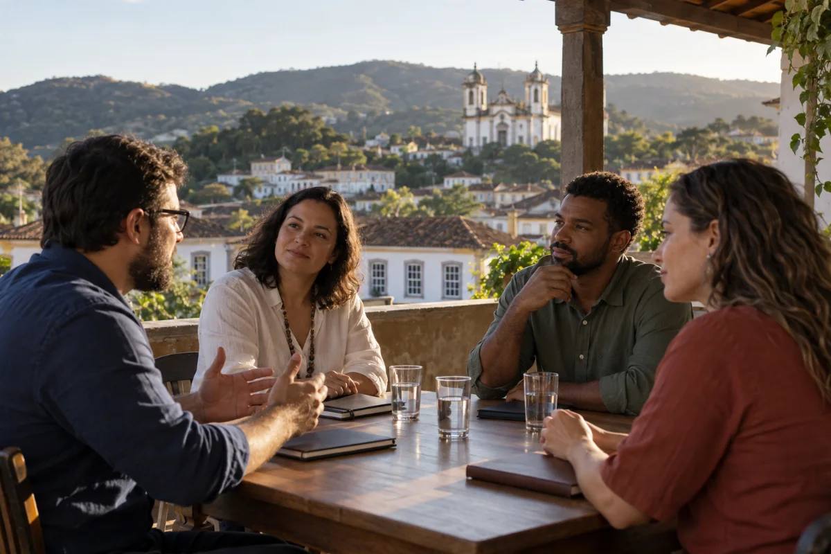 Ilustração por IA: Ilustração fotorealista horizontal em proporção 3:2, com quatro profissionais conversando ao redor de uma mesa sob luz natural. Casario, uma igreja e montanhas compõem uma paisagem imaginada inspirada em Minas Gerais, sem representar o local ou uma edição real do fórum. Imagem gerada por IA, sem textos ou marcas.
