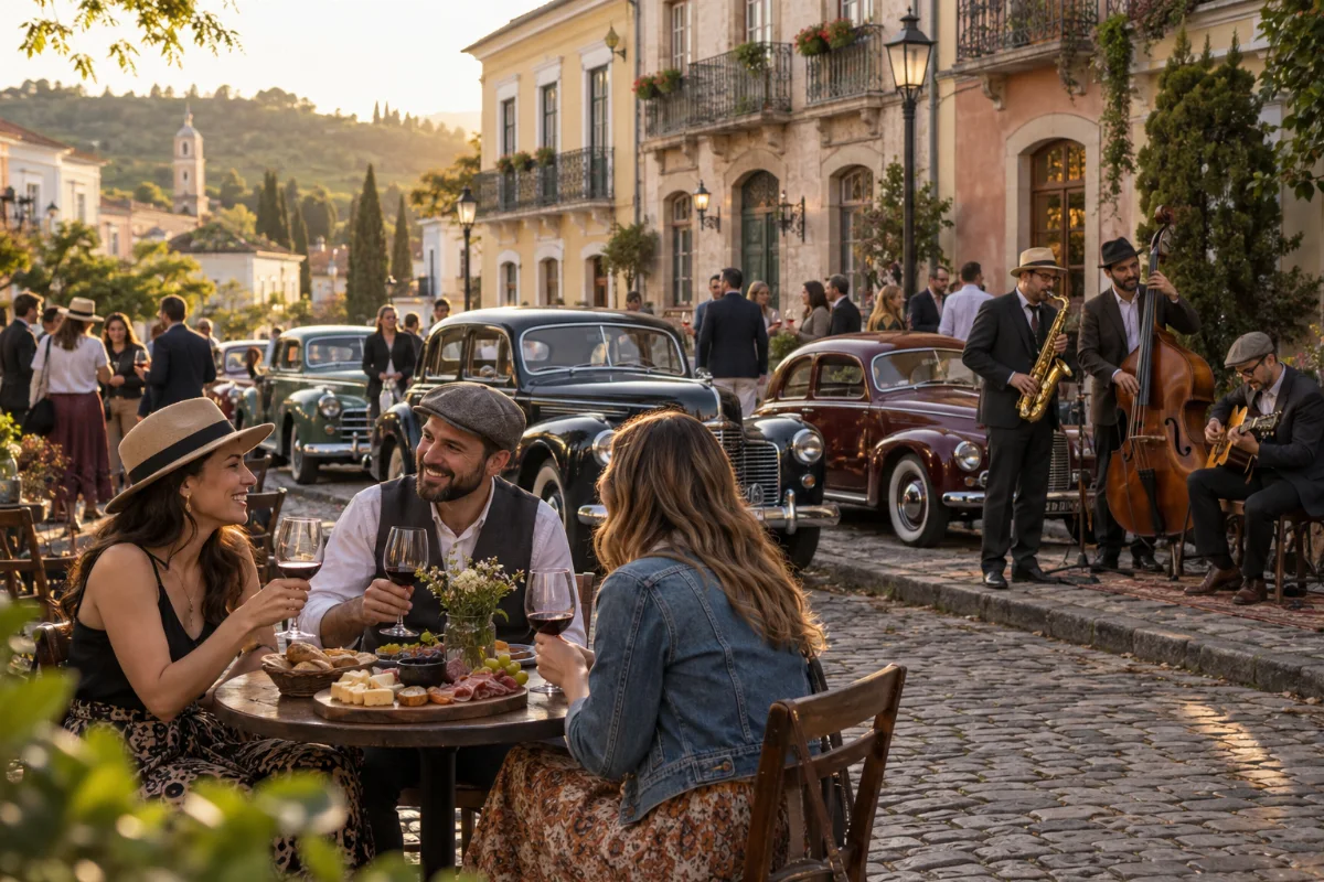 Ilustração por IA: Ilustração fotorealista horizontal em formato 3:2, com luz natural de fim de tarde, arquitetura histórica, carros antigos, músicos e adultos compartilhando comida e vinho. A cena é imaginada, inspirada no evento, sem representar uma edição ou local exato.