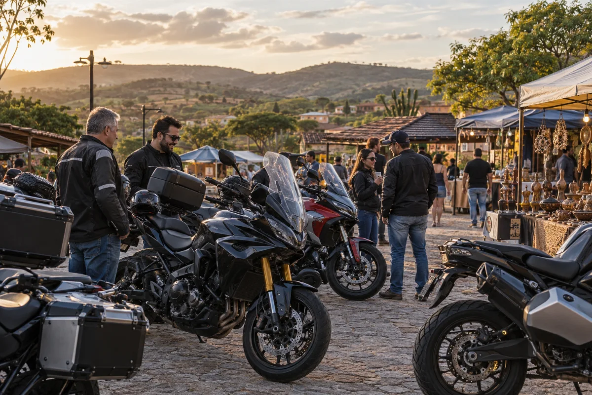 Ilustração por IA: Ilustração fotorealista horizontal em formato 3:2, com motocicletas estacionadas, visitantes e barracas de artesanato sob luz natural de fim de tarde. Colinas e construções com telhados de barro compõem uma ambientação imaginada inspirada no Agreste, sem representar o local exato ou um registro da edição.