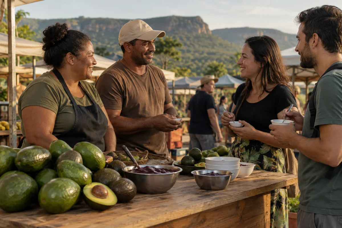 Ilustração por IA: Ilustração fotorealista horizontal em formato 3:2, com abacates e tigelas de açaí sobre uma banca, produtores e visitantes sob luz natural e paisagem serrana ao fundo. A cena é imaginada, sem representar um local específico ou um registro da edição real, e não contém textos ou marcas.