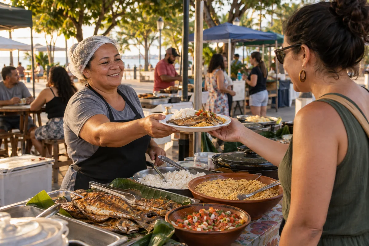 Ilustração por IA: Ilustração fotorealista em formato paisagem 3:2, com uma vendedora entregando um prato de peixe com acompanhamentos a uma visitante, entre barracas e árvores sob luz natural. Cena imaginada inspirada na gastronomia de Santarém, sem representar uma edição real ou um local exato, sem textos ou logotipos.