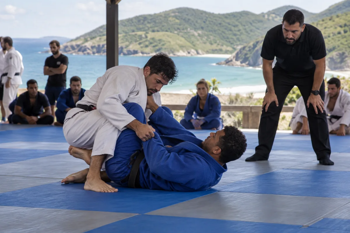 Ilustração por IA: Ilustração fotorrealista horizontal de dois atletas adultos de jiu-jitsu sobre um tatame, acompanhados por um árbitro e observadores. A luz natural e a paisagem de mar e morros remetem ao litoral de Arraial do Cabo, em um cenário imaginado, sem representar o local real do campeonato.
