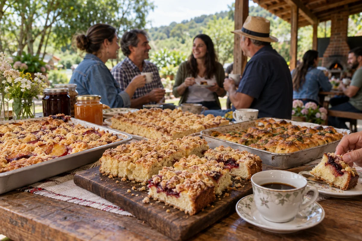 Ilustração por IA: Ilustração fotorealista horizontal em formato 3:2, com cucas, café e conservas sobre uma mesa, enquanto pessoas convivem em um ambiente coberto junto à vegetação, sob luz natural. A cena imaginada representa a gastronomia e a confraternização associadas à festa, sem reproduzir um local ou uma edição específica.