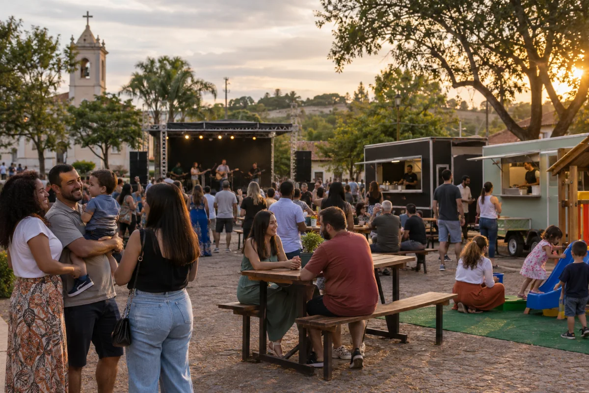 Ilustração por IA: Ilustração fotorrealista horizontal em formato 3:2, gerada por IA, com famílias ao ar livre, músicos em um palco, foodtrucks e crianças brincando sob luz natural de fim de tarde. A cena imaginada tem árvores e uma igreja ao fundo, sem representar um local específico ou uma edição real do evento.