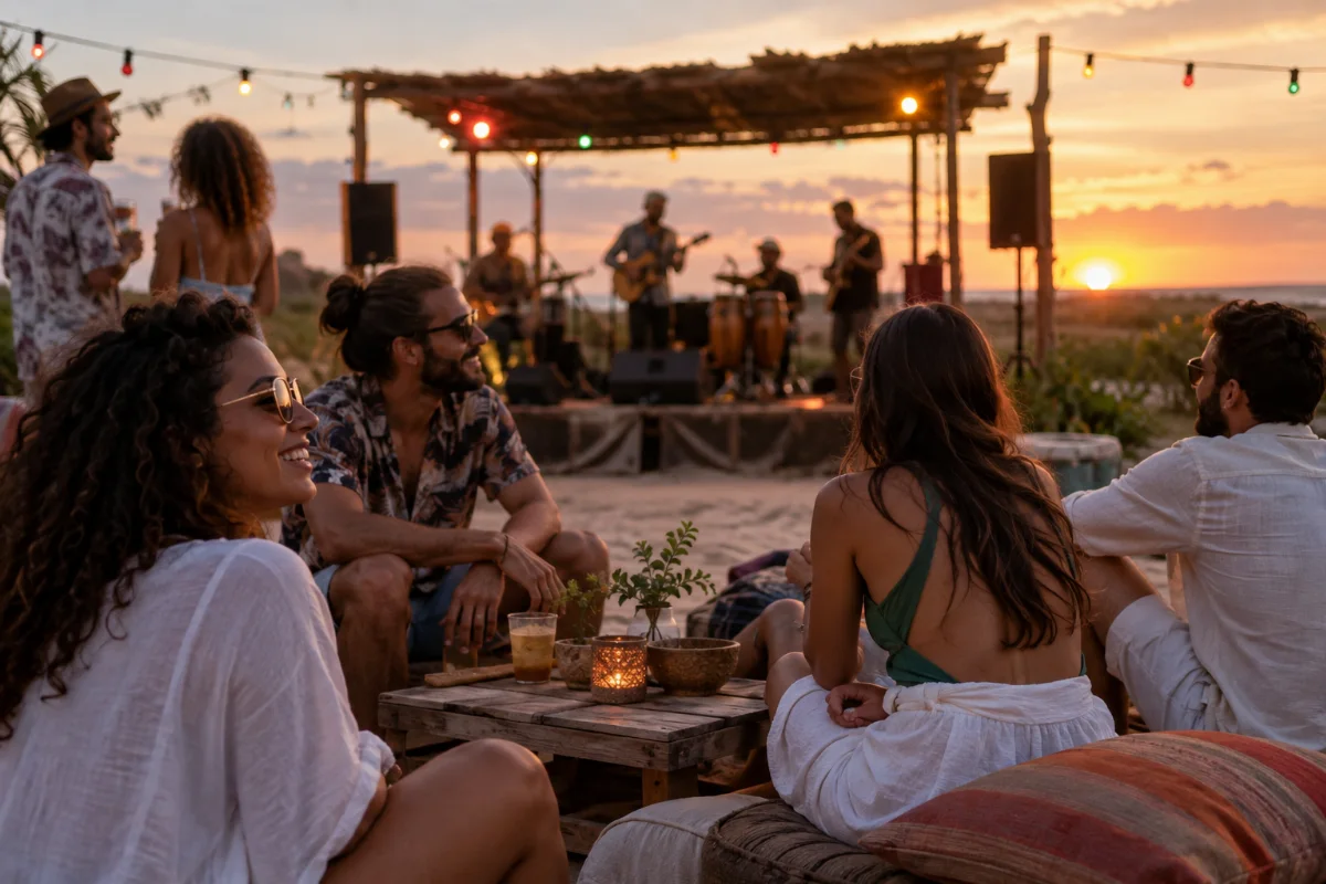 Ilustração por IA: Ilustração fotorealista horizontal em formato 3:2, com pessoas reunidas ao ar livre ao pôr do sol, músicos ao fundo e luzes coloridas discretas. A cena imaginada em ambiente costeiro brasileiro foi gerada por IA e não representa um local específico nem o registro de uma edição real.