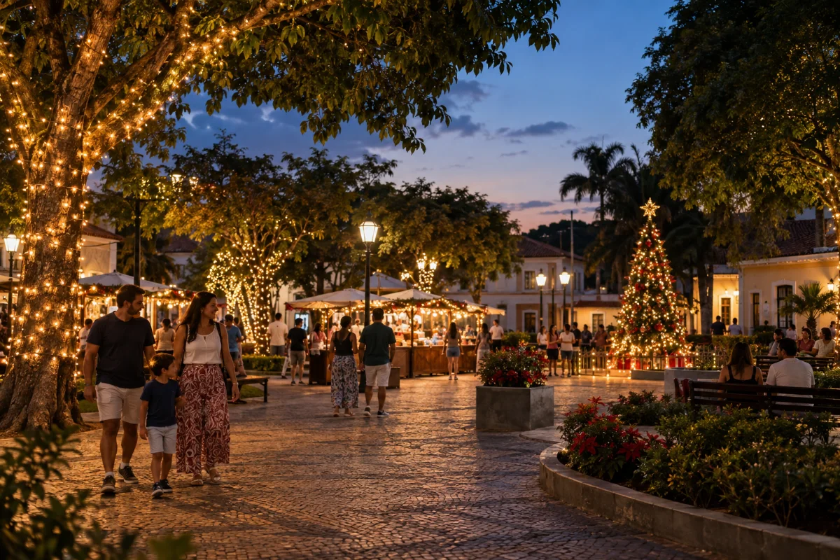 Ilustração por IA: Ilustração fotorrealista em formato paisagem 3:2, com famílias passeando por uma praça arborizada ao entardecer, luzes natalinas, árvore decorada e barracas de alimentação. A cena é imaginada, inspirada no evento, sem reproduzir um local exato ou registrar a edição real.