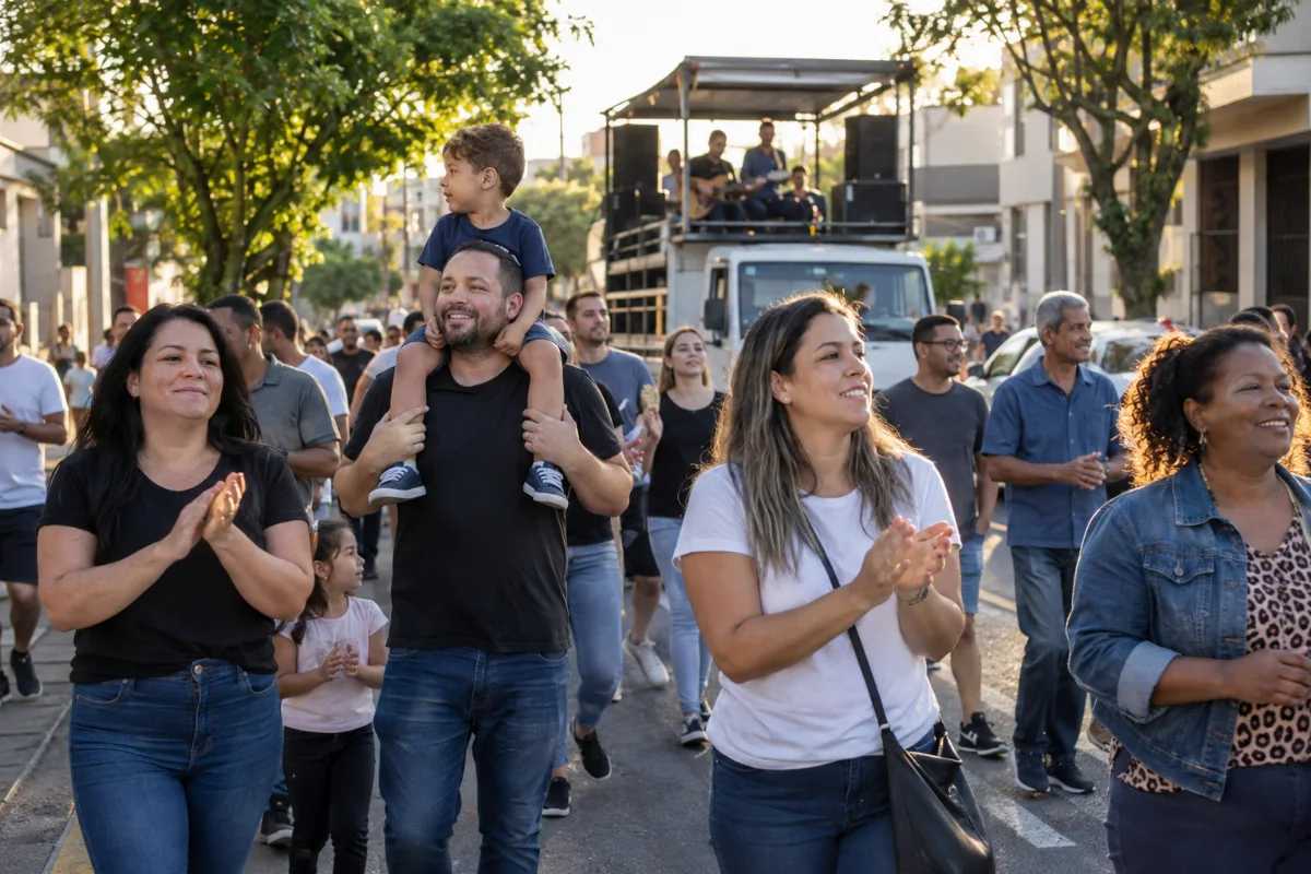 Ilustração por IA: Ilustração fotorealista horizontal em formato 3:2, com famílias caminhando e celebrando em uma rua arborizada, sob luz natural, e músicos em um caminhão ao fundo. A cena é fictícia, inspirada no evento, sem representar um local exato ou um registro da edição.
