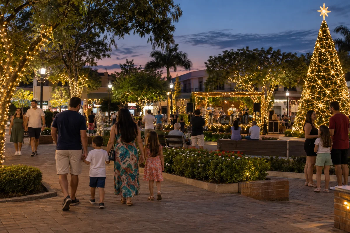Ilustração por IA: Ilustração fotorealista horizontal em formato 3:2, com famílias em uma praça arborizada ao entardecer, luzes natalinas, árvore de Natal e músicos ao fundo. A cena é uma criação por IA inspirada no evento, sem representar um local específico ou registrar uma edição real.