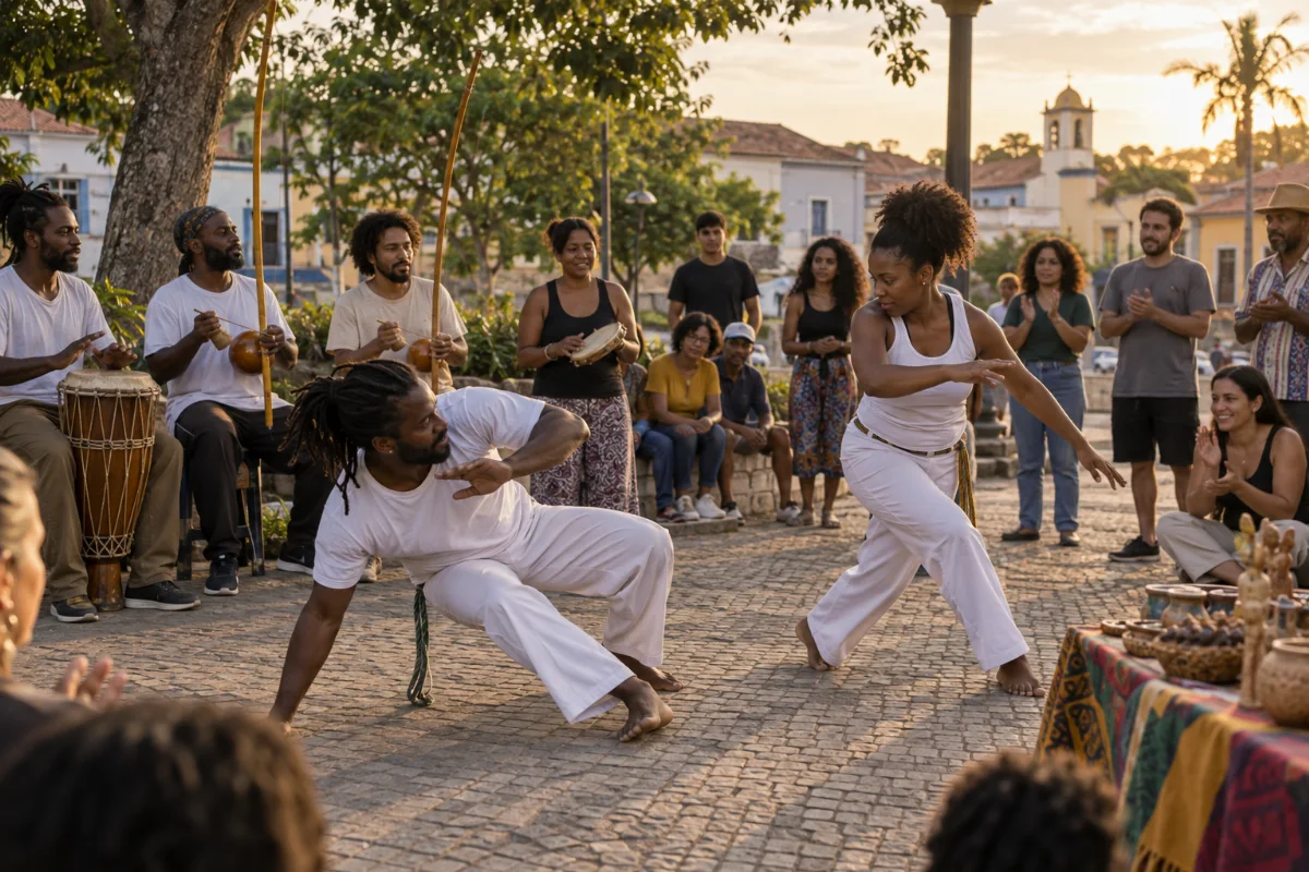 Ilustração por IA: Ilustração fotorealista em formato paisagem 3:2 de uma roda de capoeira, com músicos, público e artesanato em uma praça imaginada do interior paulista, sob luz natural de fim de tarde. A cena foi gerada por IA e não retrata um local específico nem um registro real do evento.