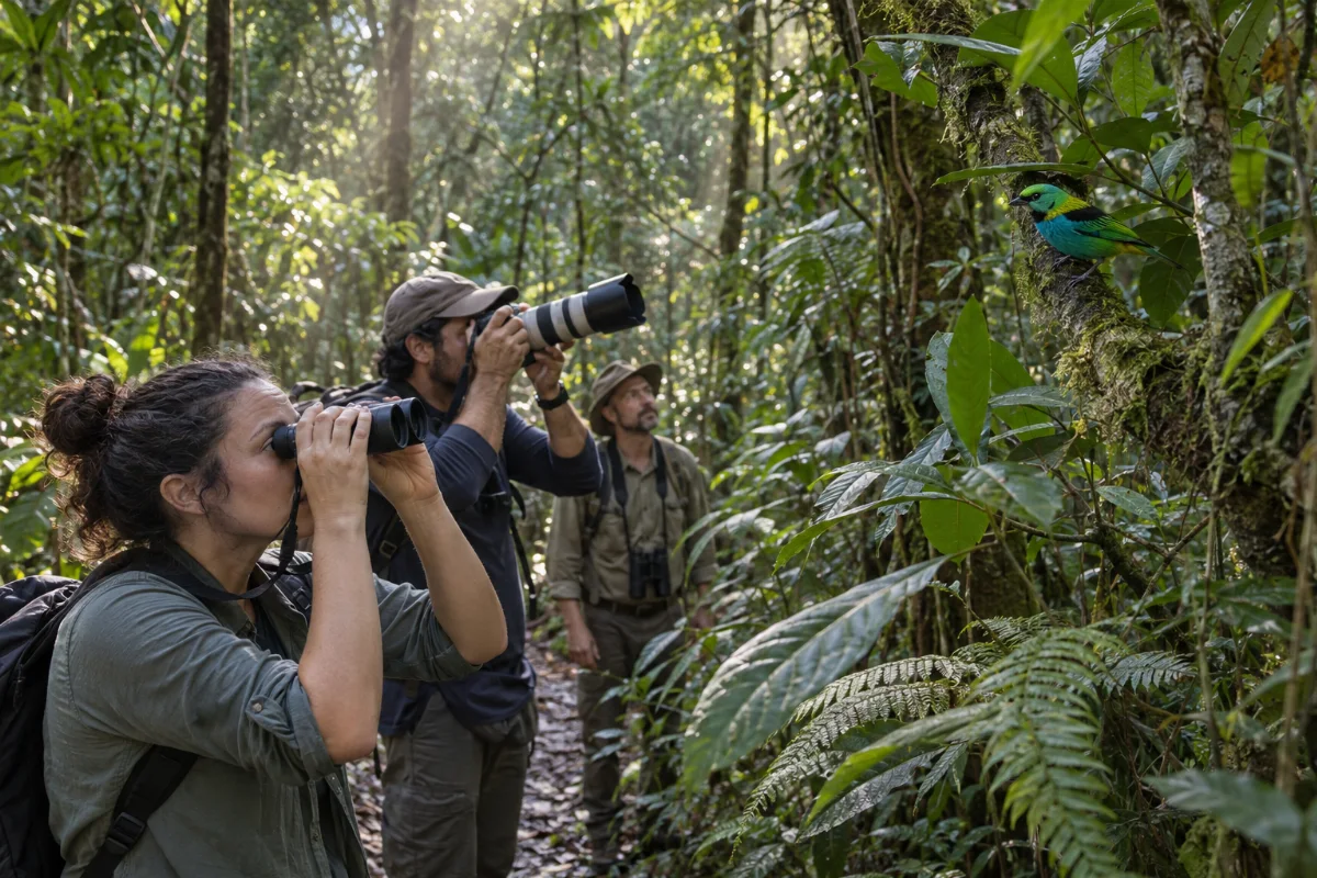 Ilustração por IA: Ilustração fotorrealista em formato horizontal 3:2, com três adultos observando e fotografando uma ave entre a vegetação densa da Mata Atlântica, sob luz natural. A cena é imaginada, inspirada em Miracatu, sem representar um local específico ou um registro real do festival.