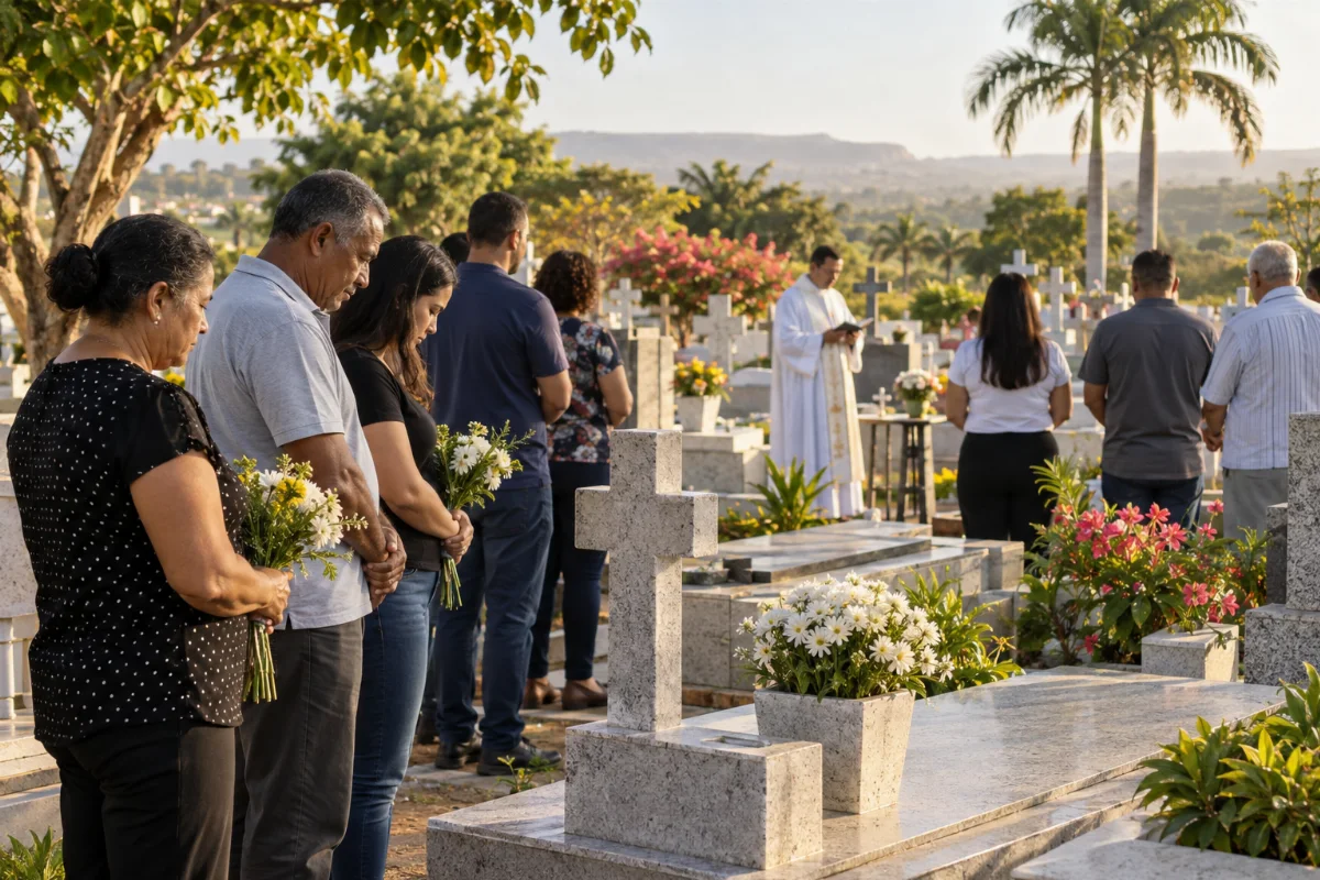 Ilustração por IA: Ilustração fotorealista horizontal em formato 3:2, com pessoas em oração, flores e um celebrante entre túmulos, sob luz natural suave. A cena imaginada representa recolhimento e memória, sem identificar um cemitério específico nem reproduzir uma edição real do evento.