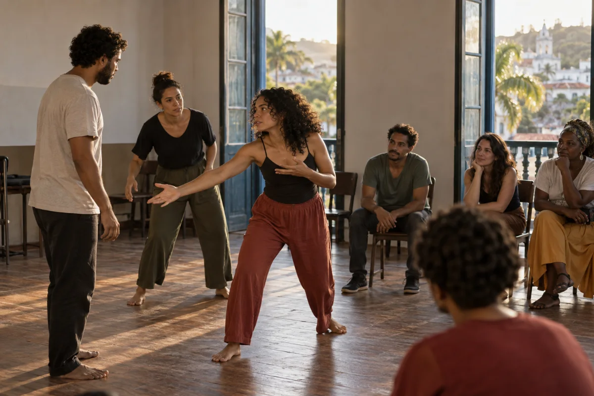 Ilustração por IA: Ilustração fotorealista horizontal em formato 3:2, com adultos praticando uma cena teatral enquanto outros observam, em uma sala iluminada naturalmente. A composição representa uma oficina imaginada, inspirada nas atividades da MOSTEV, sem reproduzir um local ou uma edição específicos e sem textos ou logotipos.