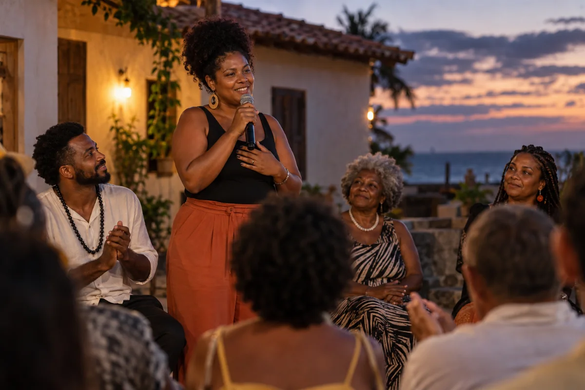 Ilustração por IA: Ilustração fotorealista em formato horizontal 3:2 mostra uma mulher negra compartilhando um depoimento ao microfone, cercada por pessoas atentas em um pátio litorâneo ao entardecer. A cena é imaginada e gerada por IA, sem representar um local específico ou um registro da edição real, e não contém textos ou logotipos.