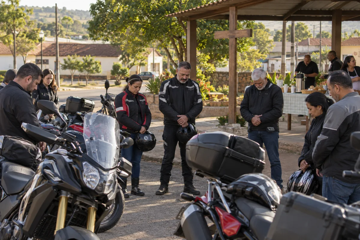 Ilustração por IA: Ilustração fotorealista horizontal em formato 3:2, com motociclistas em oração junto a motos estacionadas, uma cruz de madeira e uma mesa de café ao fundo. A luz natural ilumina um cenário imaginado do interior paulista, sem representar um local específico ou um registro da edição real.