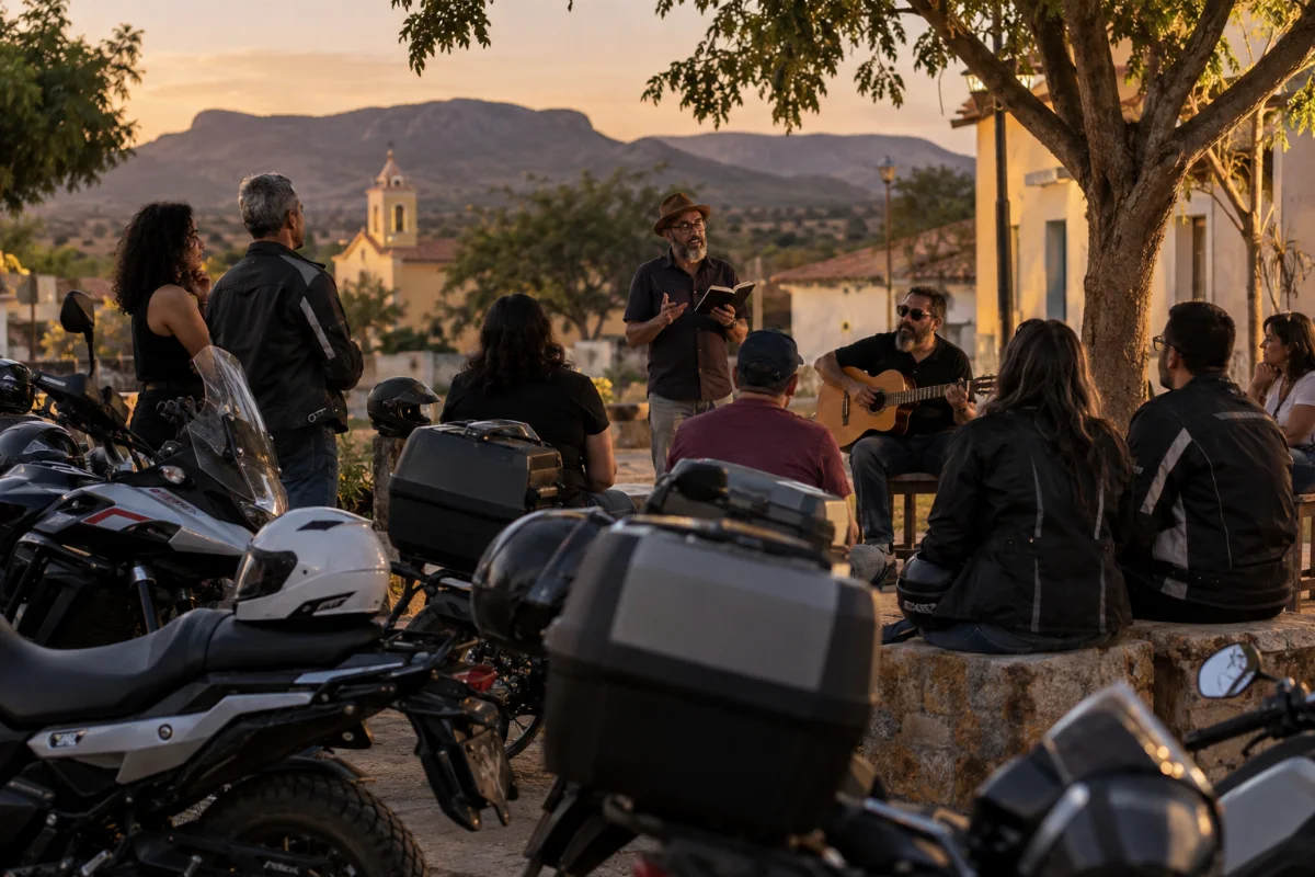 Ilustração por IA: Ilustração fotorealista horizontal em 3:2, com motocicletas estacionadas e adultos acompanhando uma declamação ao lado de um músico com violão, sob luz natural de fim de tarde. A cena é fictícia, inspirada no interior pernambucano, sem representar um local específico ou registrar uma edição real do evento.