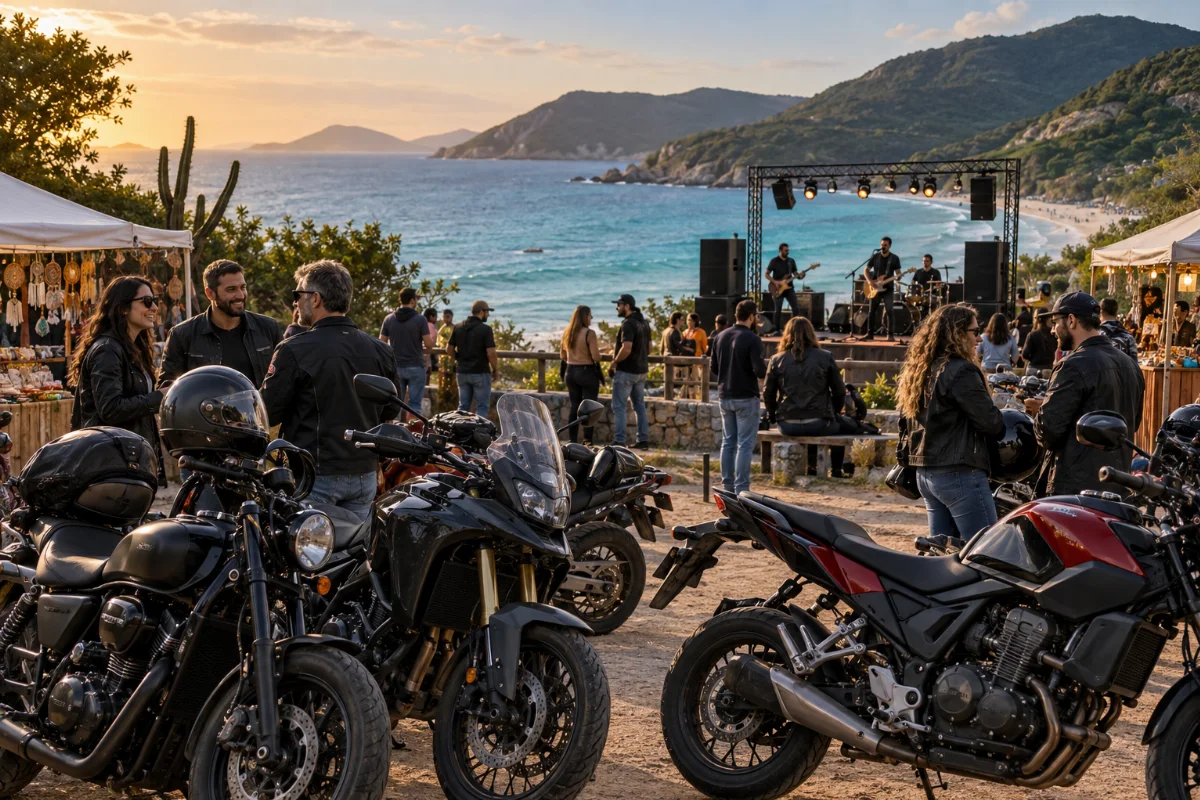 Ilustração por IA: Ilustração fotorealista em formato horizontal 3:2, com motocicletas estacionadas, pessoas conversando, barracas e músicos em um pequeno palco diante de uma paisagem litorânea. A luz natural de fim de tarde ilumina a cena fictícia inspirada em Arraial do Cabo, sem representar um local ou uma edição específica do evento.