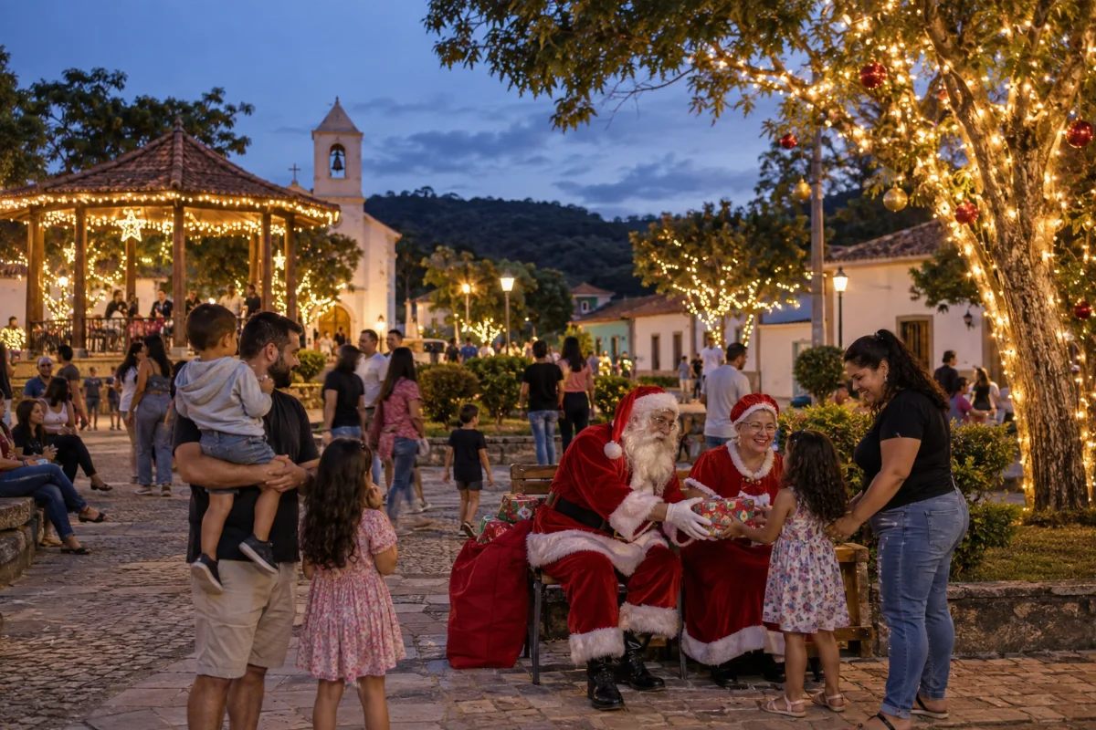 Ilustração por IA: Ilustração fotorrealista horizontal em formato 3:2, com famílias em uma praça imaginada ao entardecer, árvores iluminadas e personagens natalinos entregando um presente a uma criança acompanhada. O cenário remete ao interior mineiro, sem representar um local exato ou registrar uma edição real do evento.
