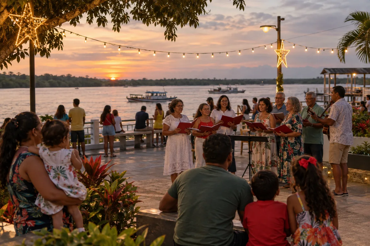 Ilustração por IA: Ilustração fotorealista em formato paisagem 3:2, com um coral e famílias à beira do rio ao entardecer, sob estrelas e luzes natalinas. A cena é imaginada e gerada por IA, sem representar uma edição real do evento.