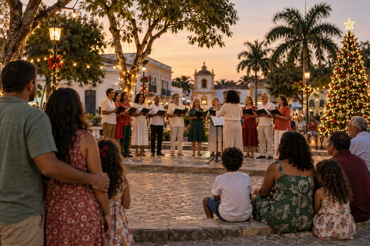 Ilustração por IA: Ilustração fotorrealista em formato horizontal 3:2, com um coral e famílias em uma praça imaginada ao entardecer, entre árvores e decoração natalina iluminada. A cena foi gerada por IA e não representa um registro da edição real do evento.