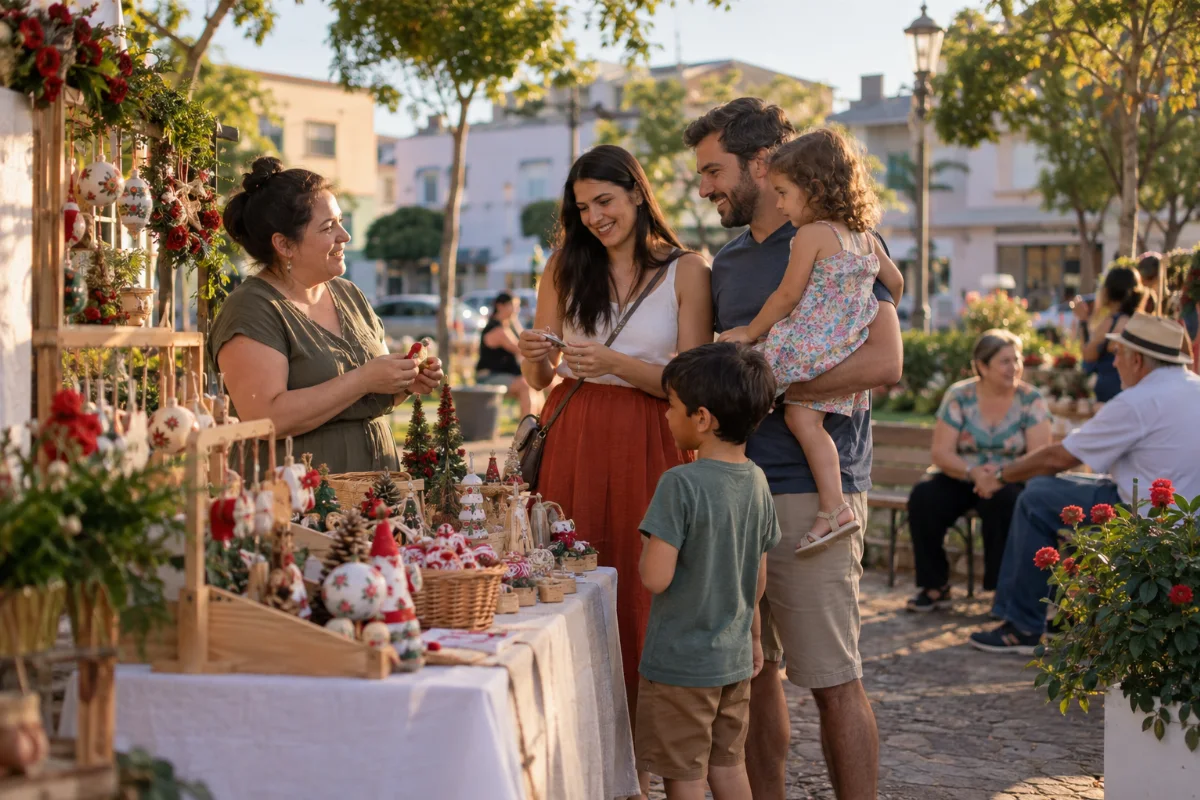 Ilustração por IA: Ilustração fotorealista em formato horizontal 3:2, com famílias junto a uma banca de enfeites natalinos artesanais, flores e árvores sob luz natural de fim de tarde. A cena é imaginada, sem representar um local específico ou registrar a edição real do evento, e não contém textos ou marcas.