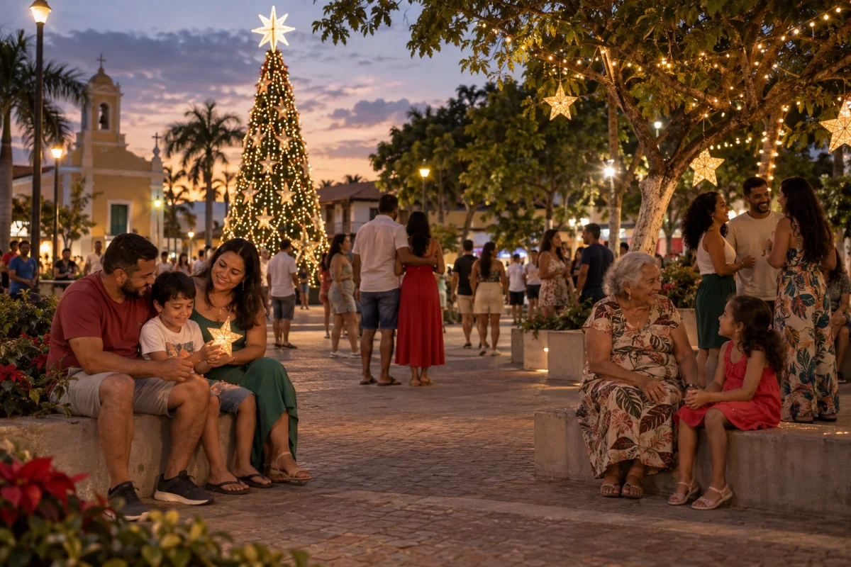 Ilustração por IA: Ilustração fotorrealista em formato horizontal 3:2, com famílias de diferentes gerações convivendo em uma praça imaginária ao entardecer, entre árvores, estrelas luminosas e decoração natalina. Imagem gerada por IA, inspirada na celebração, sem representar um local específico ou registrar uma edição real.