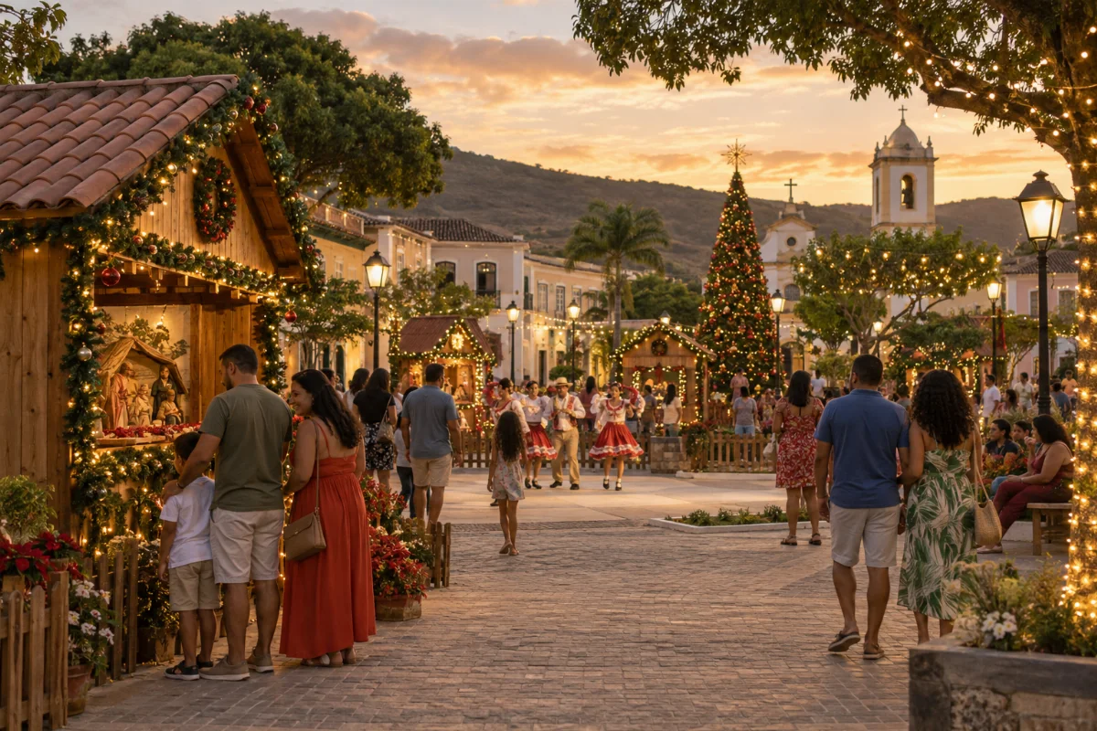 Ilustração por IA: Ilustração fotorrealista horizontal em formato 3:2, com famílias passeando entre casinhas cenográficas, luzes e uma árvore de Natal ao entardecer. Construções com telhados de cerâmica e uma apresentação de dança compõem uma cena imaginada inspirada em Gravatá, sem reproduzir um local específico ou uma edição real do evento.