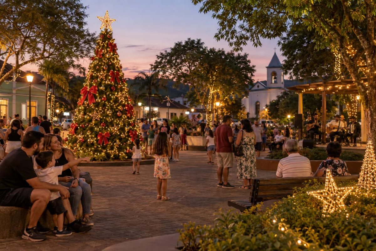Ilustração por IA: Ilustração fotorealista horizontal em formato 3:2, com famílias em uma praça imaginada ao entardecer, árvore de Natal iluminada e músicos ao fundo. A cena foi gerada por IA e não representa um local exato nem um registro da edição do evento.
