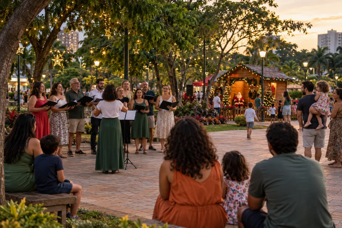 Ilustração por IA: Ilustração fotorrealista gerada por IA, em formato horizontal 3:2, com um coral e famílias em um espaço público arborizado ao entardecer. Luzes natalinas e uma casinha do Papai Noel compõem a cena imaginada, inspirada em Bauru, sem representar um local exato ou registrar uma edição real do evento.