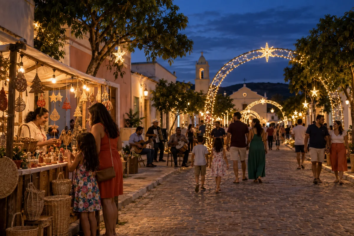 Ilustração por IA: Ilustração fotorrealista em formato horizontal 3:2, com famílias passeando por uma rua decorada com arcos luminosos e estrelas ao anoitecer, músicos e uma banca de artesanato. A cena é imaginária, gerada por IA e inspirada no evento, sem representar um local exato ou uma edição real.