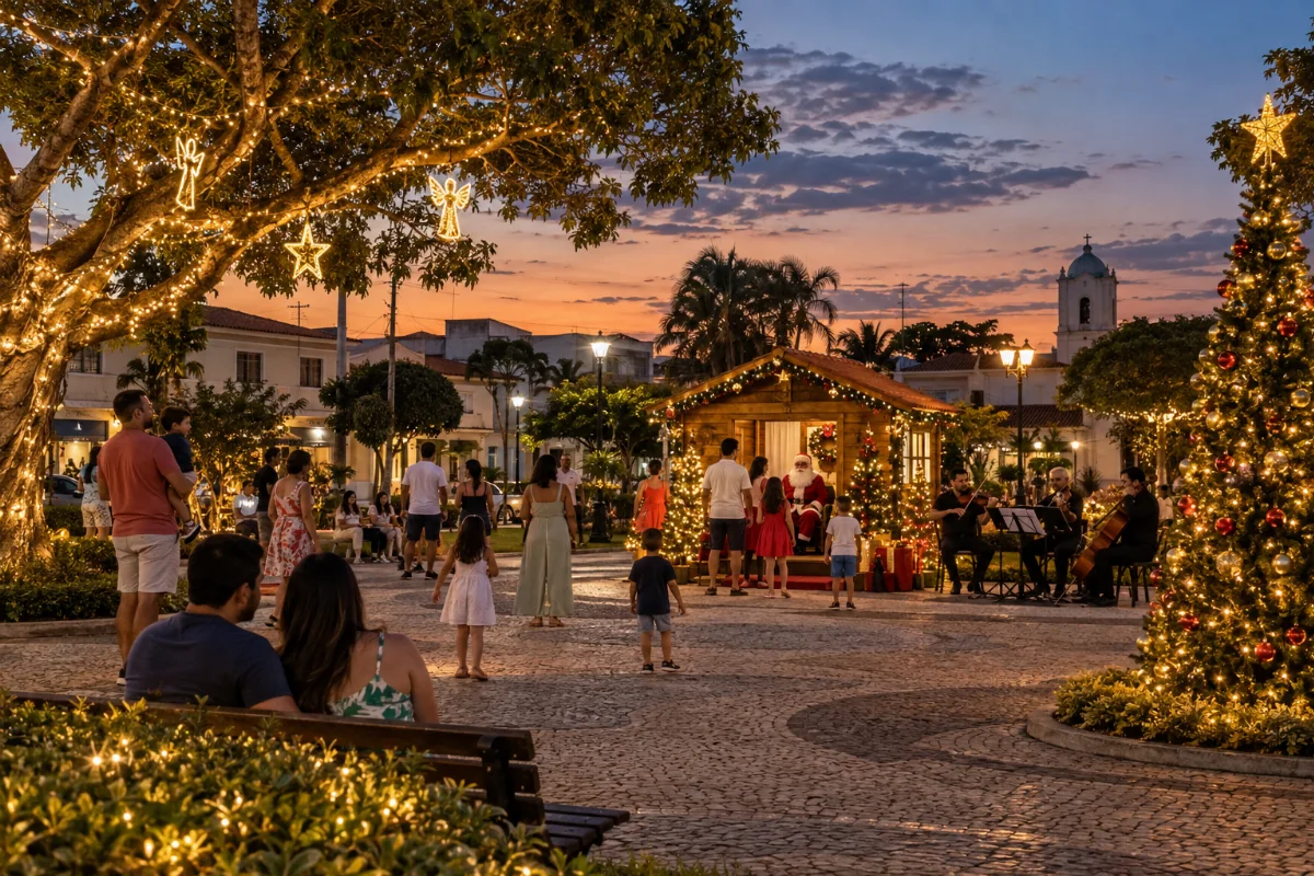Ilustração por IA: Ilustração fotorrealista horizontal em proporção 3:2, com famílias em uma praça imaginária ao entardecer, árvores iluminadas, casinha do Papai Noel e músicos. A cena gerada por IA inspira-se nas atividades descritas, sem retratar um local exato ou registrar uma edição real do evento.