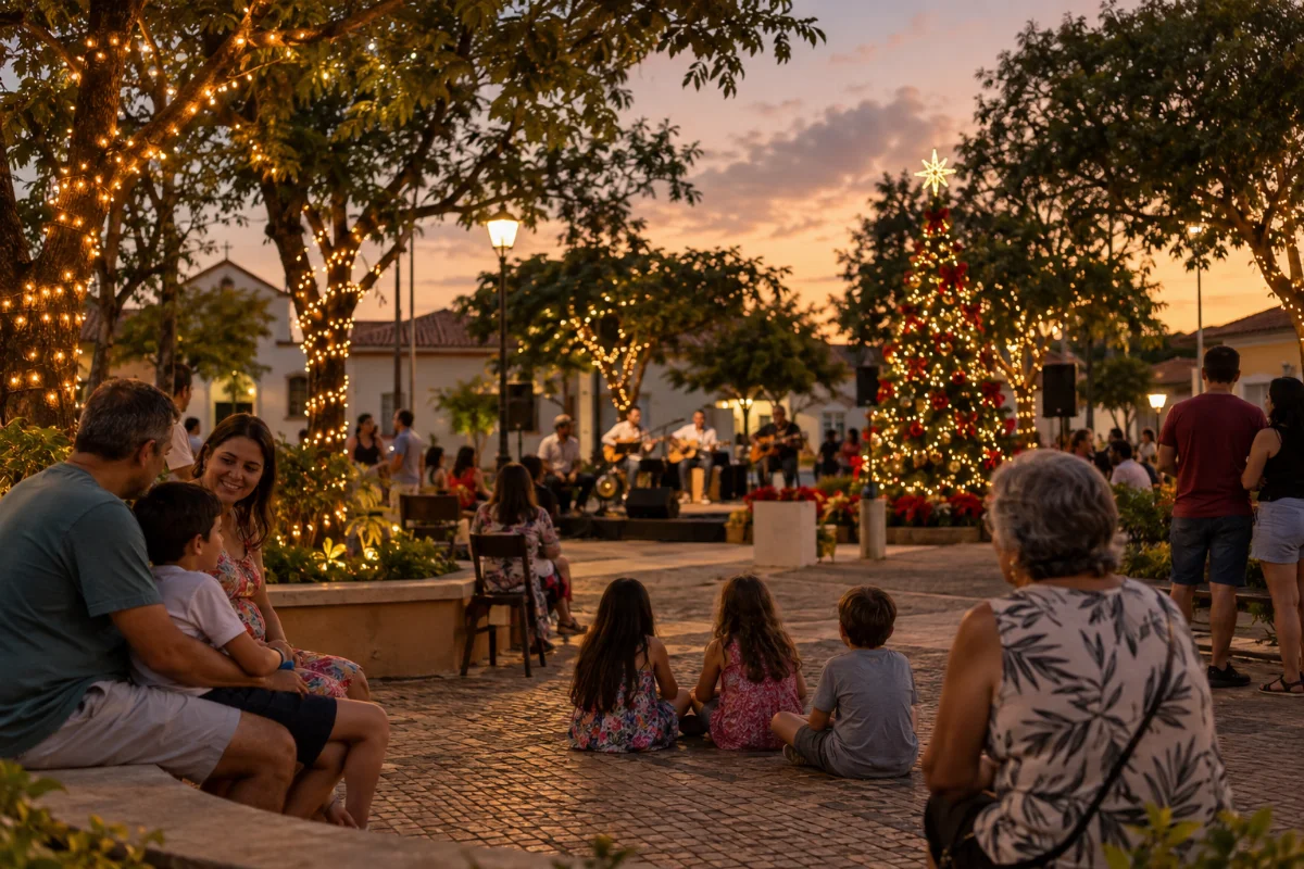 Ilustração por IA: Ilustração fotorealista horizontal em formato 3:2, com famílias reunidas ao entardecer, árvores iluminadas, decoração natalina e músicos ao fundo. A cena foi gerada por IA em um espaço imaginado, sem representar um local específico ou um registro da edição real.
