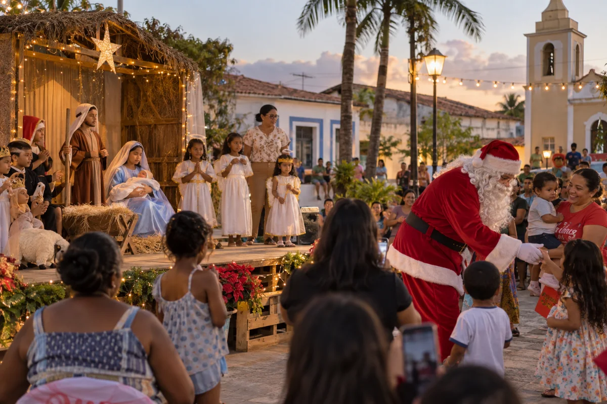 Ilustração por IA: Ilustração fotorealista em formato paisagem 3:2, com encenação natalina, Papai Noel e famílias em uma praça imaginária ao entardecer. O cenário não representa o local real do evento. A imagem gerada contém inscrições incidentais em uma camiseta, apesar da solicitação de ausência de texto.